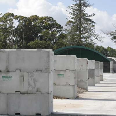 Interbloc concrete blocks used for landscape supply bins at Wyatt Landscape Supplies
