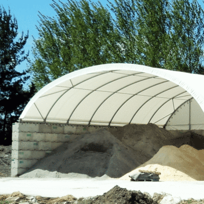 Fertiliser stored in a white-roofed Interbloc bin