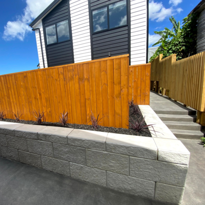 Zoomed out shot of Stonebloc retaining walls at an infill development