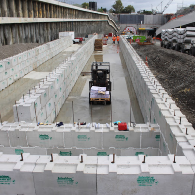 Construction of a settlement pond for the Waterview Tunnel made from Interbloc concrete blocks