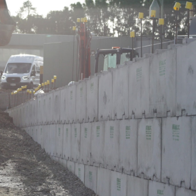 Interbloc 1200 concrete blocks forming a retaining wall at a Fulton Hogan Site, Auckland