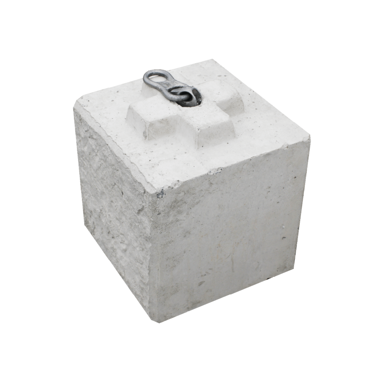 Perspective shot of a 400 standard textured Stonebloc concrete block with lifting klaw attached